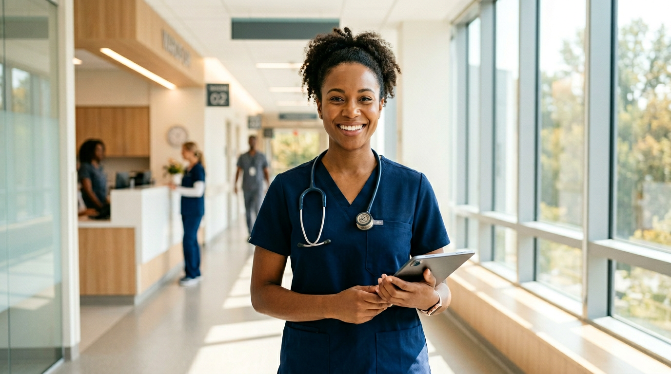 Travel nurse medical professional in a modern hospital corridor